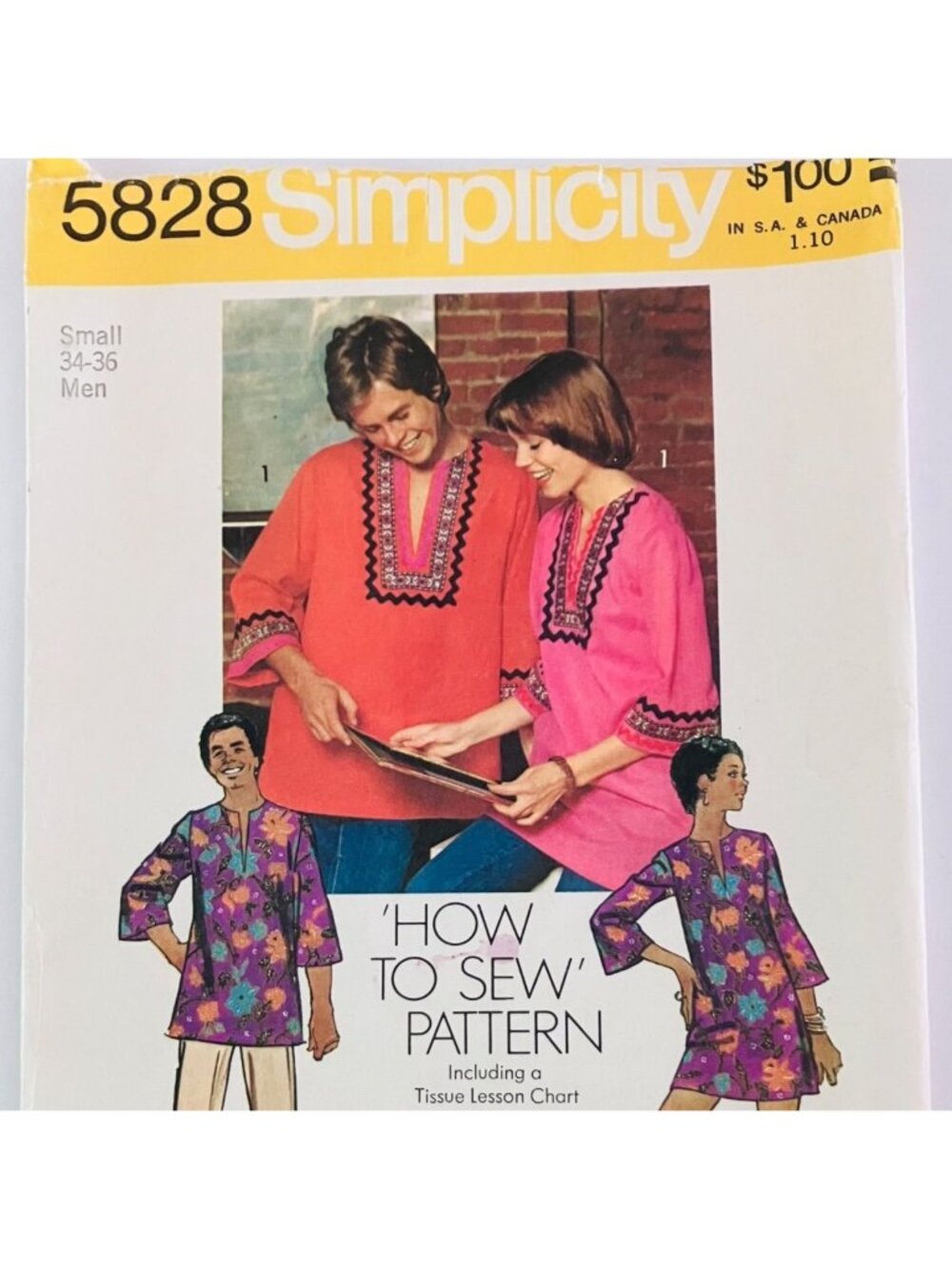 70s Vintage Simplicity 5828 Mens Dashiki Tunic Shirt Pattern Sz Small 34 36 READ